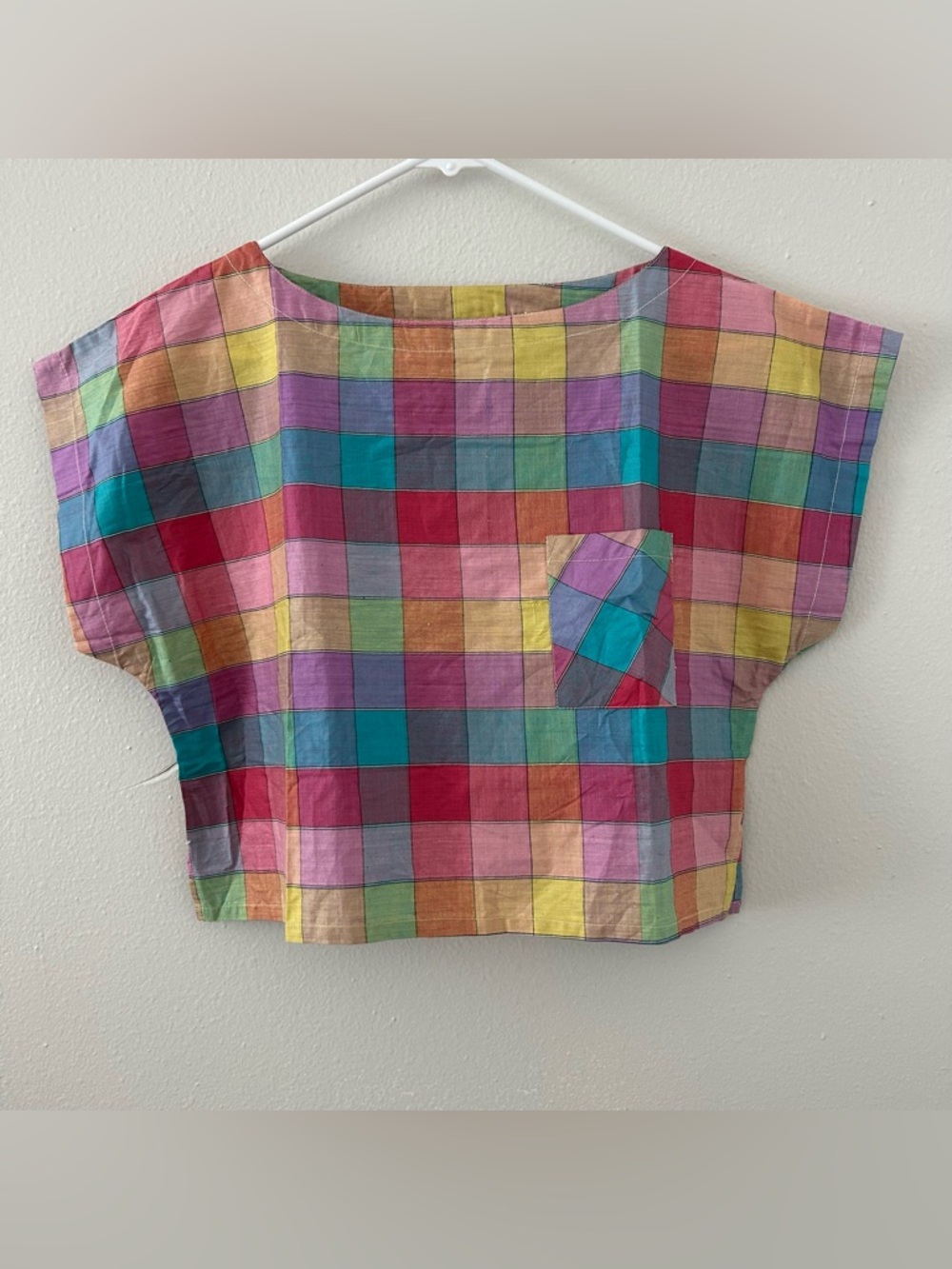 VTG 90s Debutante Rainbow Colorful Plaid Crop Top Size L 100% Cotton Lightweight